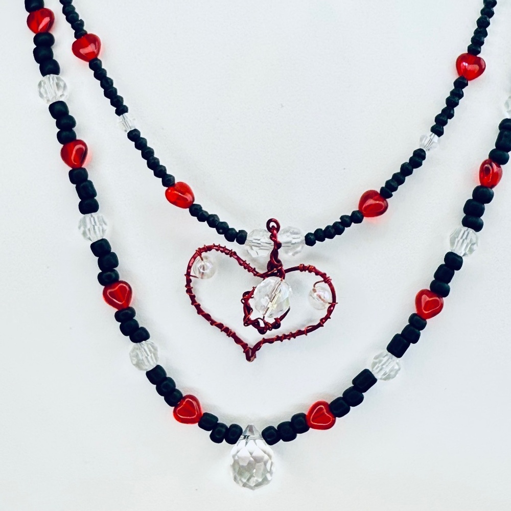 Red Wire Metal Heart Pendant Double Layer Necklace with Teardrop Crystal